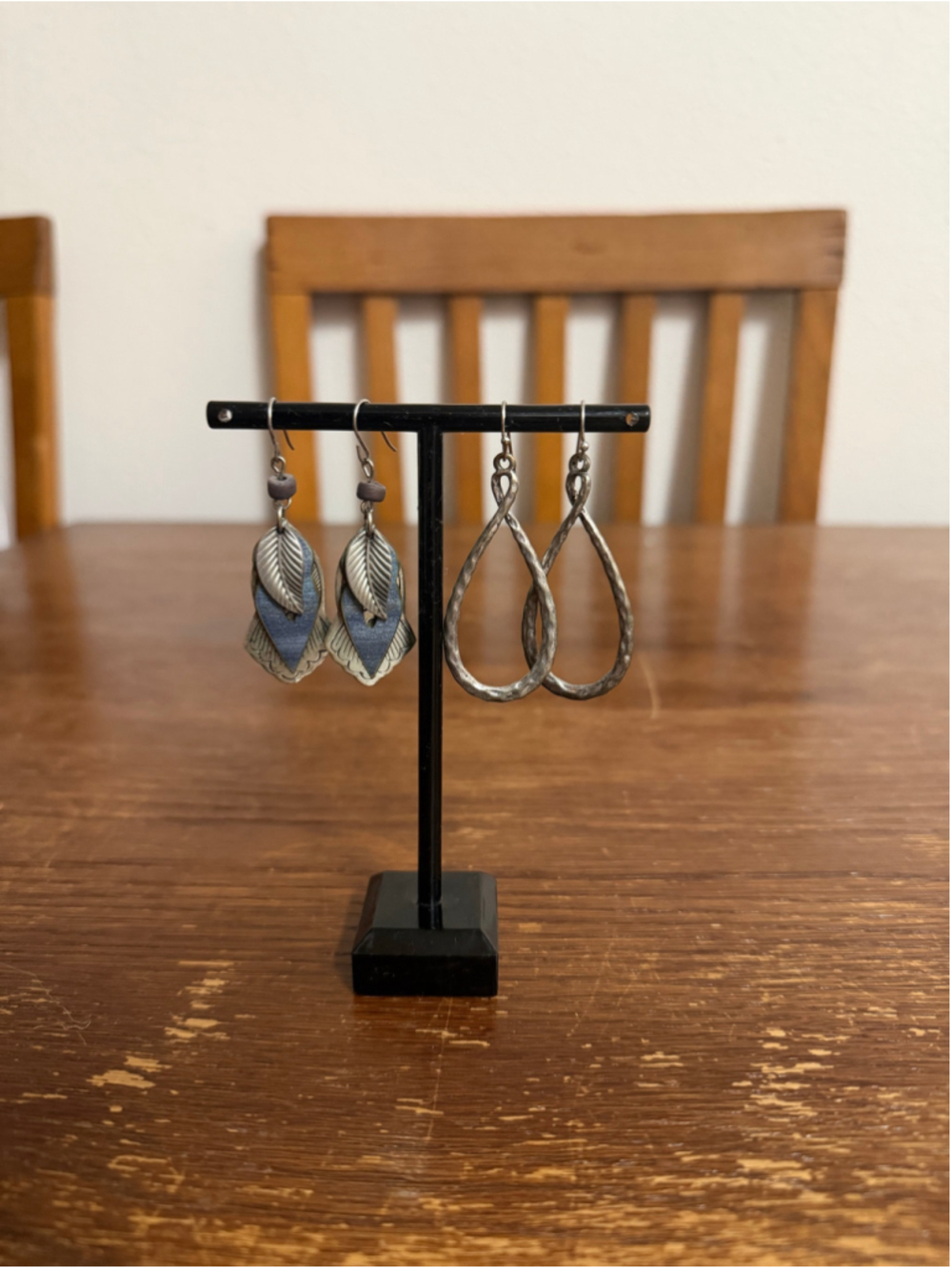 2 Pair Boho Dangle Earrings Hammered Teardrop Layered Leaf Silver Tone Artisan